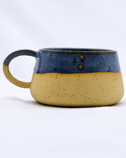 Bluvio Belluma Handmade Stoneware Ceramic Mug in blue and yellow, eco-friendly, available at online shop in UK, Brighton and Hove.