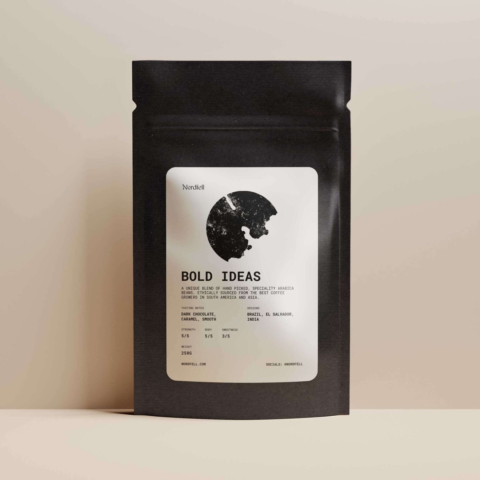 Bold Ideas (250g) coffee packaging featuring unique blend of specialty Arabica beans and bold design.