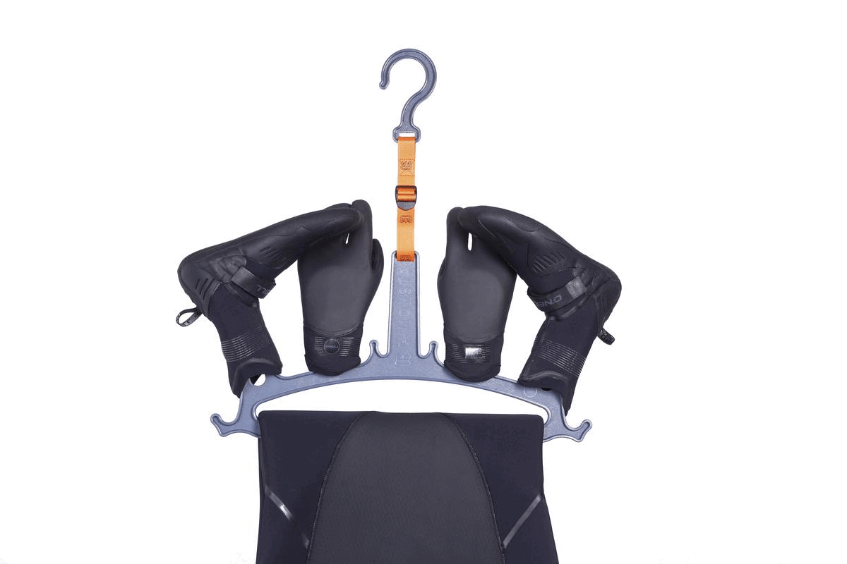 C-Monsta Wetsuit Hanger V2 (UK) holding wetsuit boots for efficient drying and organization.