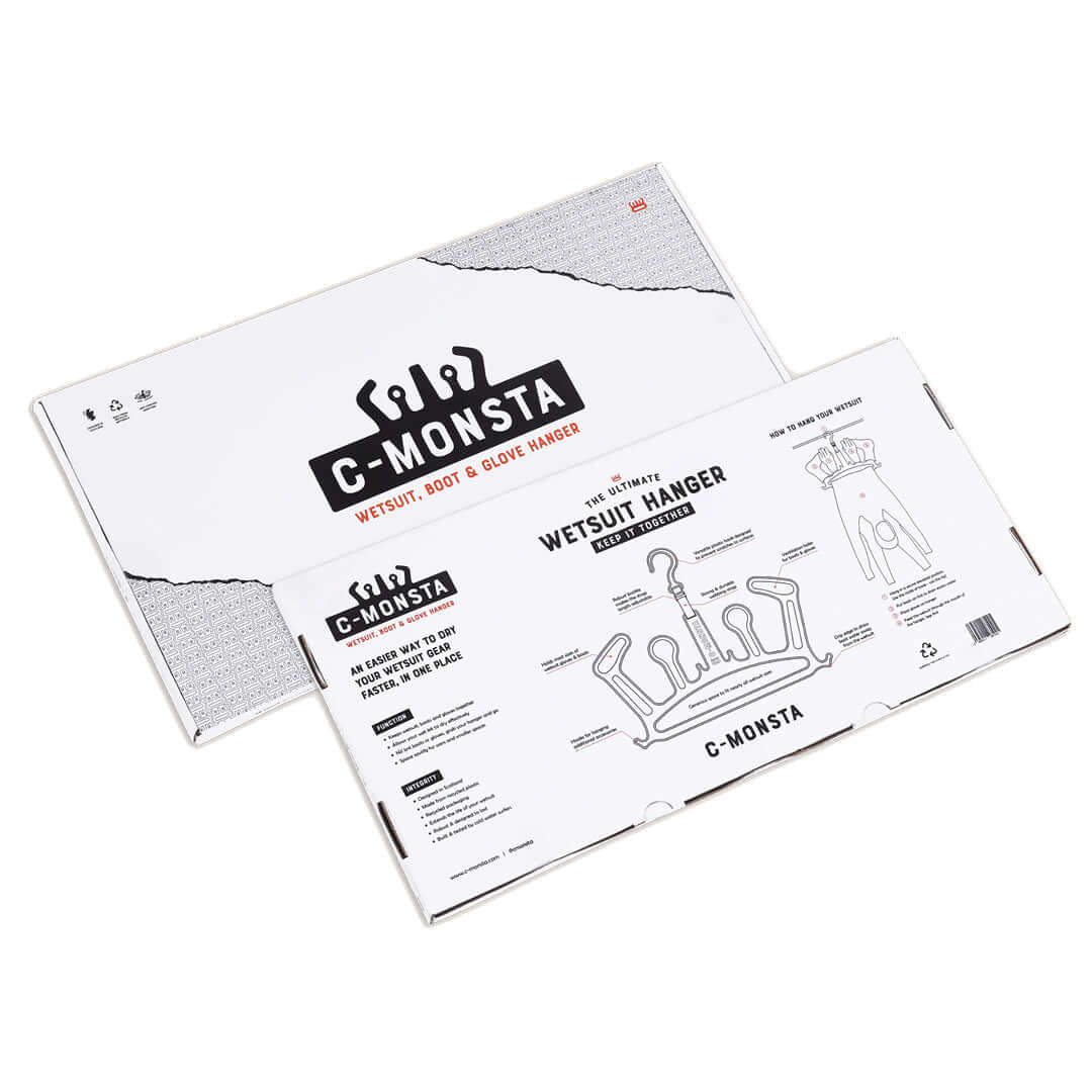 C-Monsta Wetsuit Hanger V2 (UK) packaging showcasing wetsuit, boot, and glove organizer features.