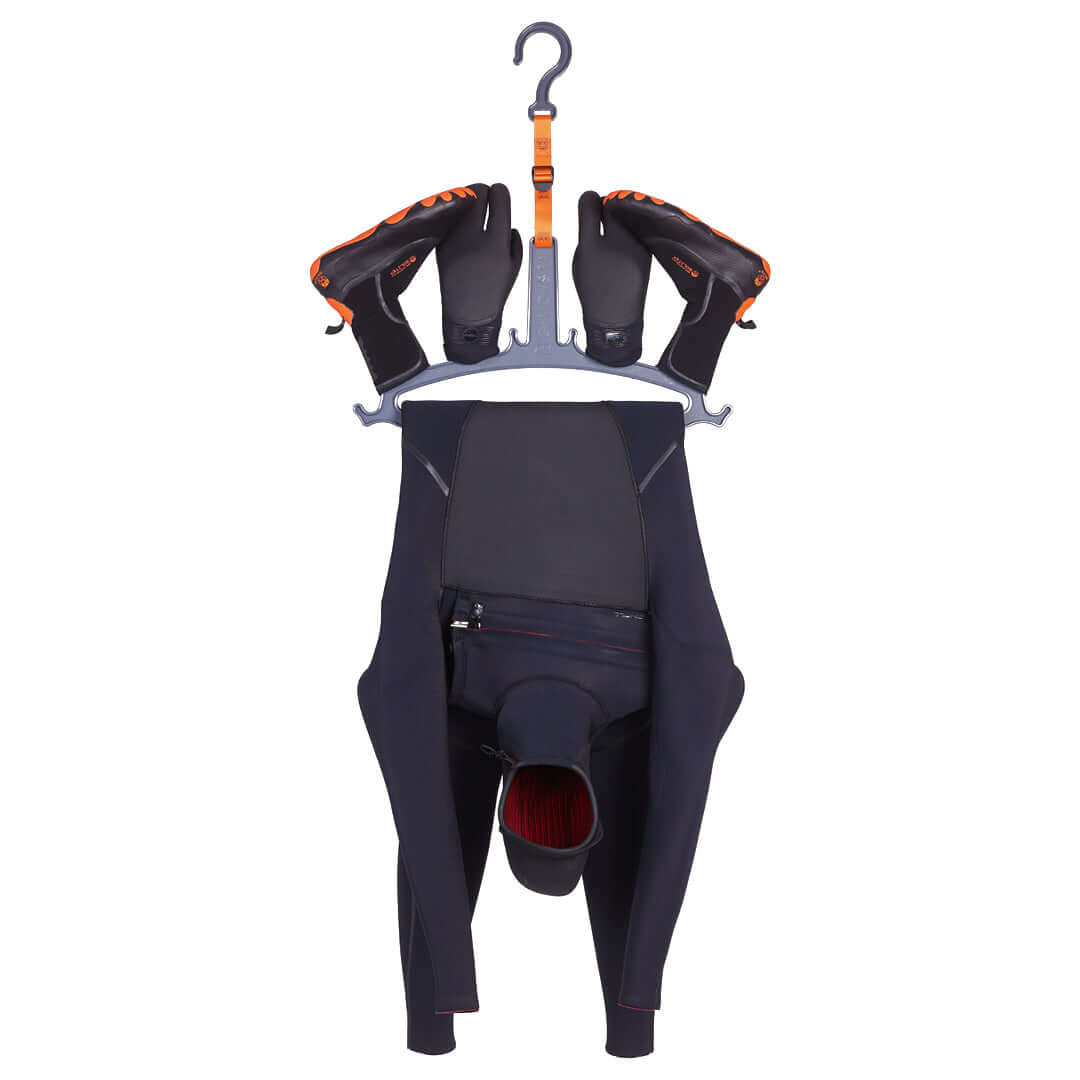 C-Monsta Wetsuit Hanger V2 (UK) with wetsuit, gloves, and boots organized for drying.