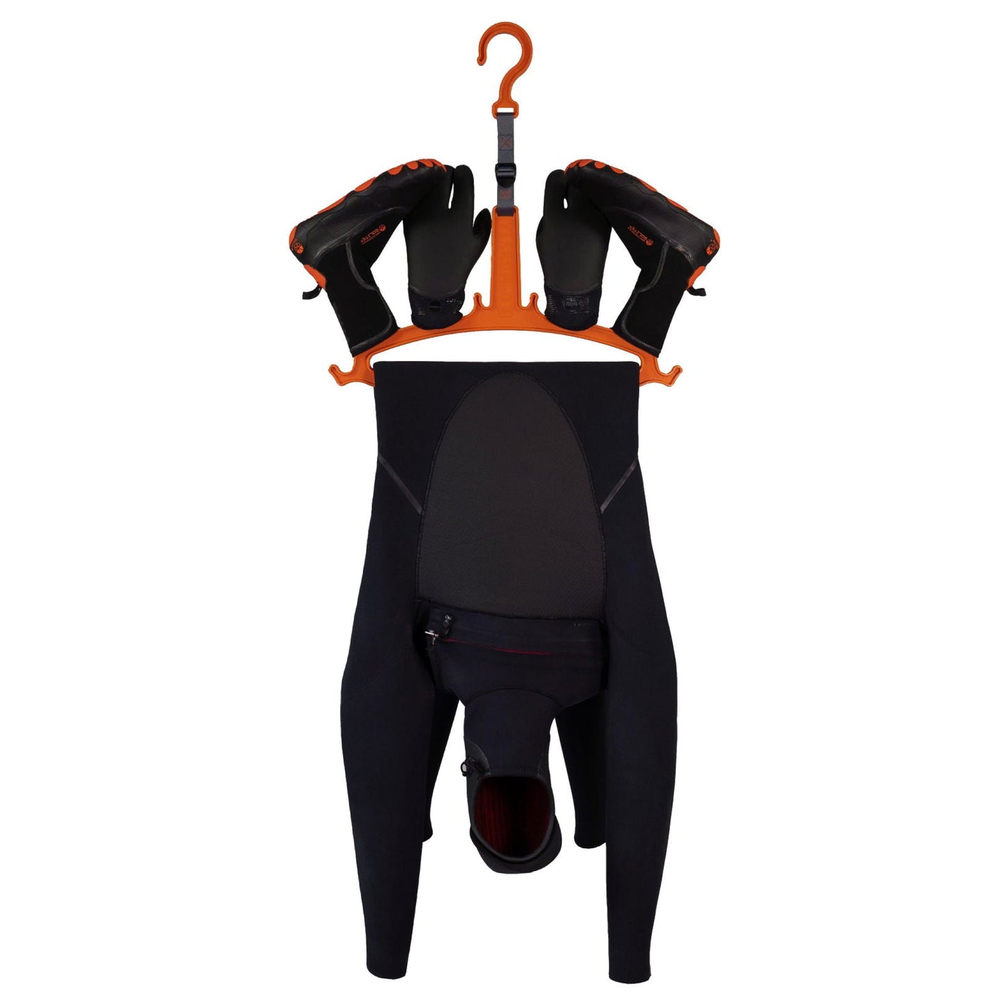 C-Monsta Wetsuit Hanger V2 - Orange (UK) holding a wetsuit, boots, and gloves for organized gear drying.