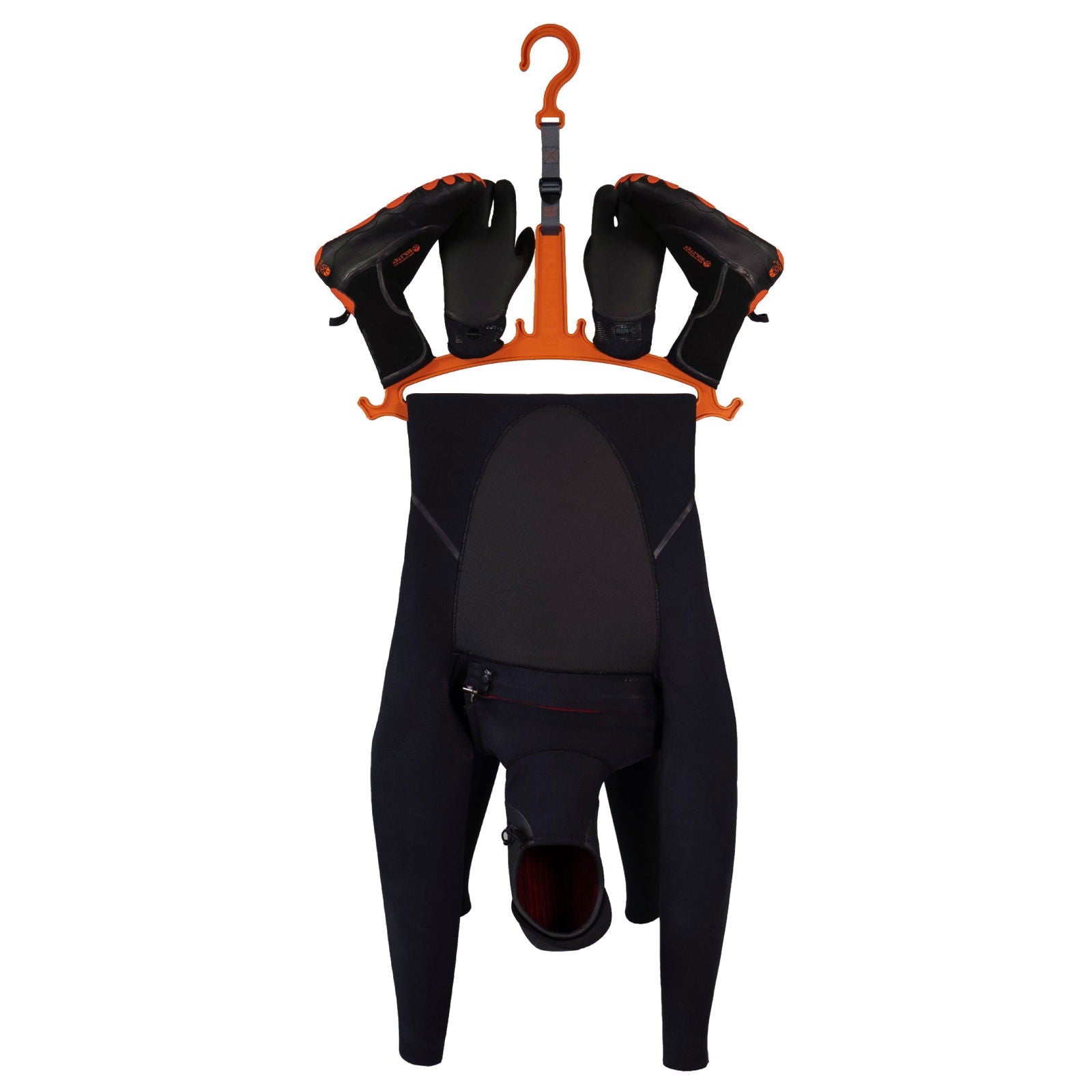 C-Monsta Wetsuit Hanger V2 - Orange (UK) holding a wetsuit, boots, and gloves for organized gear drying.