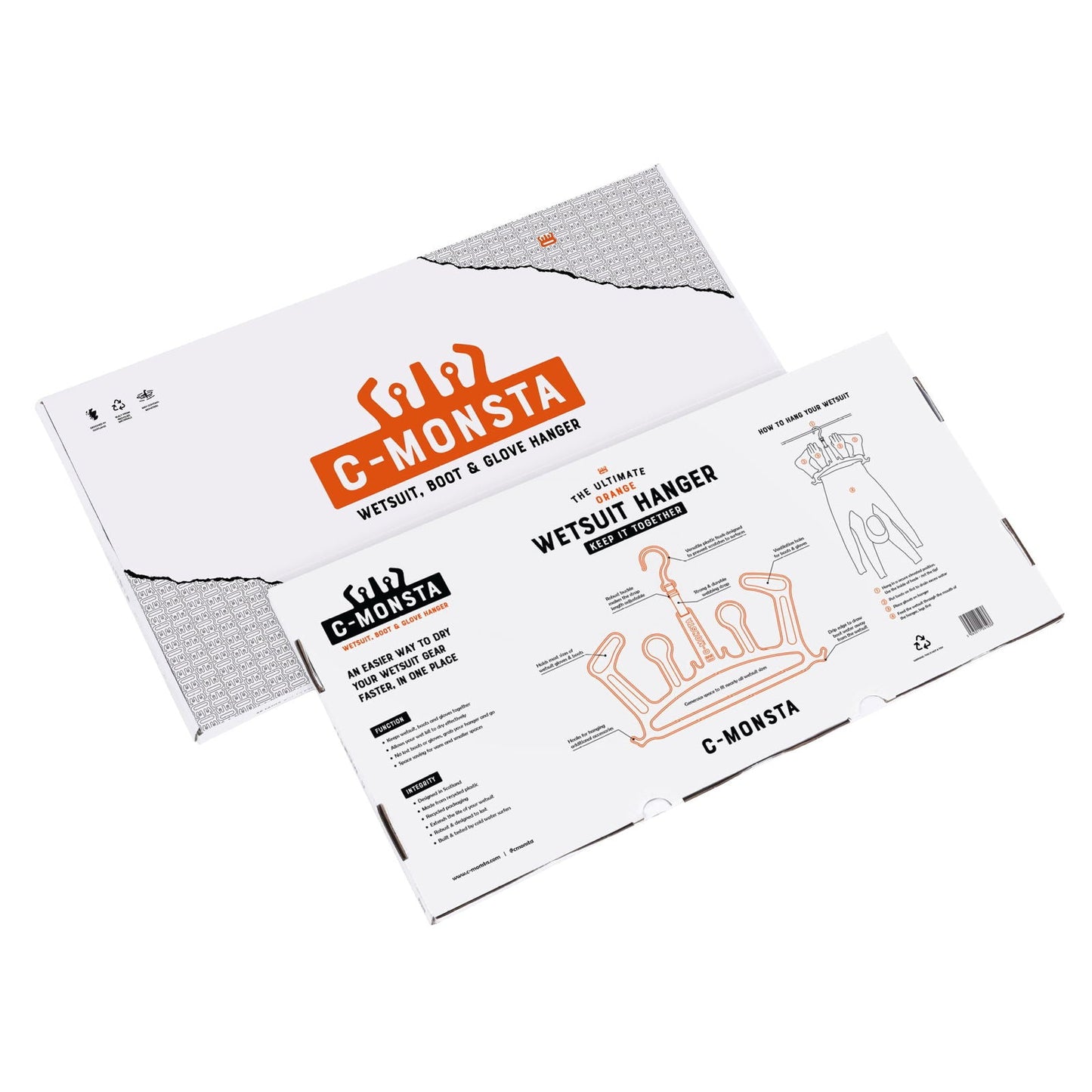 C-Monsta Wetsuit Hanger V2 - Orange (UK) packaging showing wetsuit, boot, and glove organizer features.