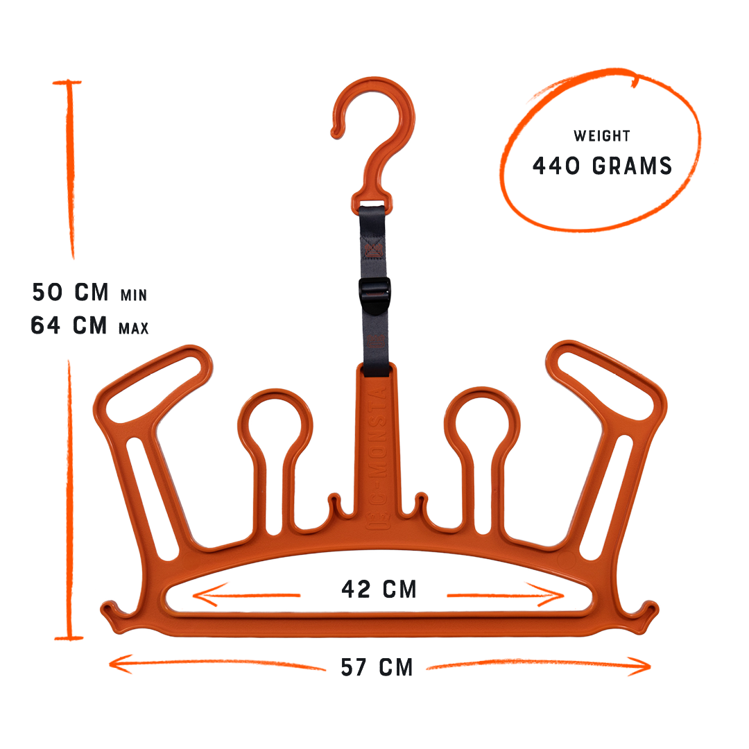 C-Monsta Wetsuit Hanger V2 - Orange (UK) dimensions and design for drying wetsuits and gear.