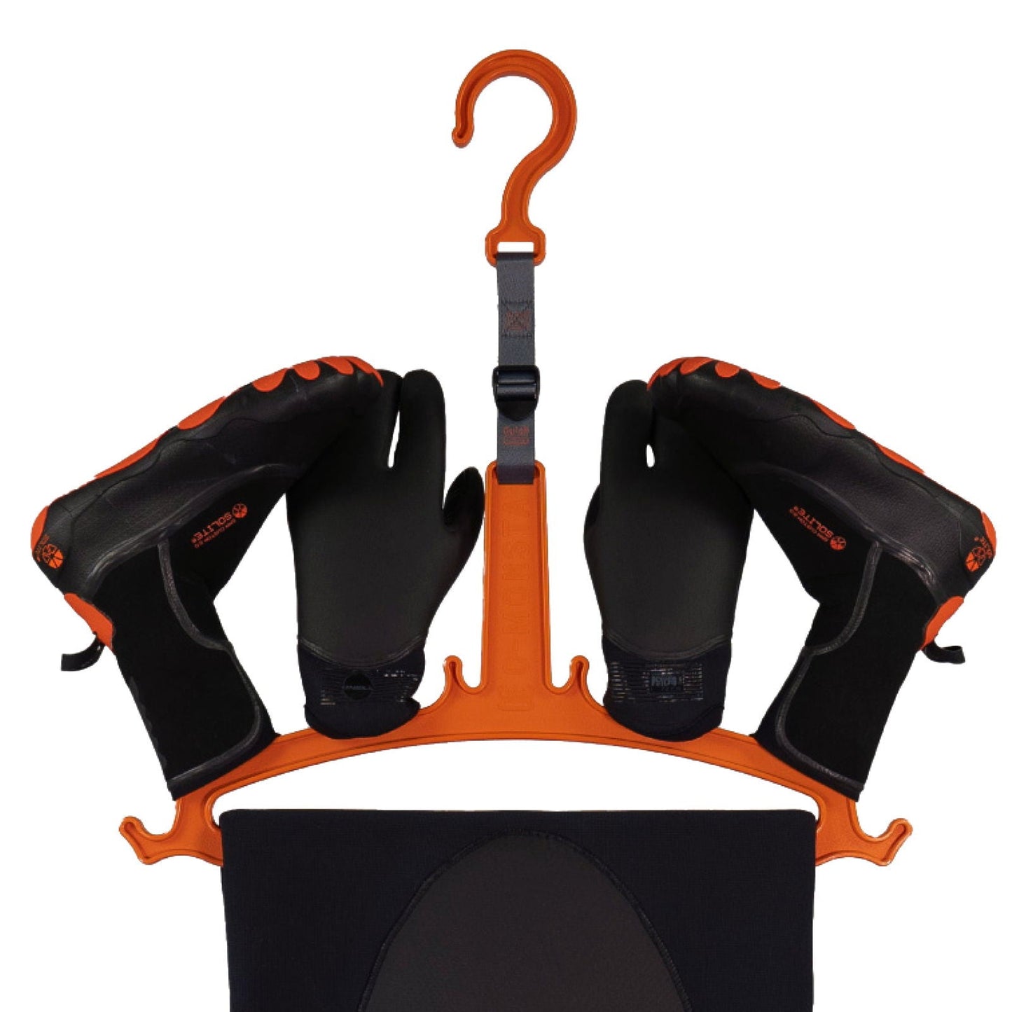 C-Monsta Wetsuit Hanger V2 - Orange (UK) holding wetsuit gloves and boots for drying.