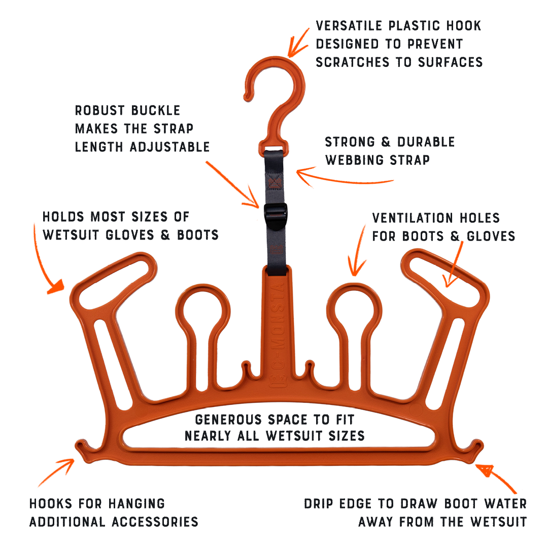 C-Monsta Wetsuit Hanger V2 - Orange (UK) with detailed features highlighted in an informative image.