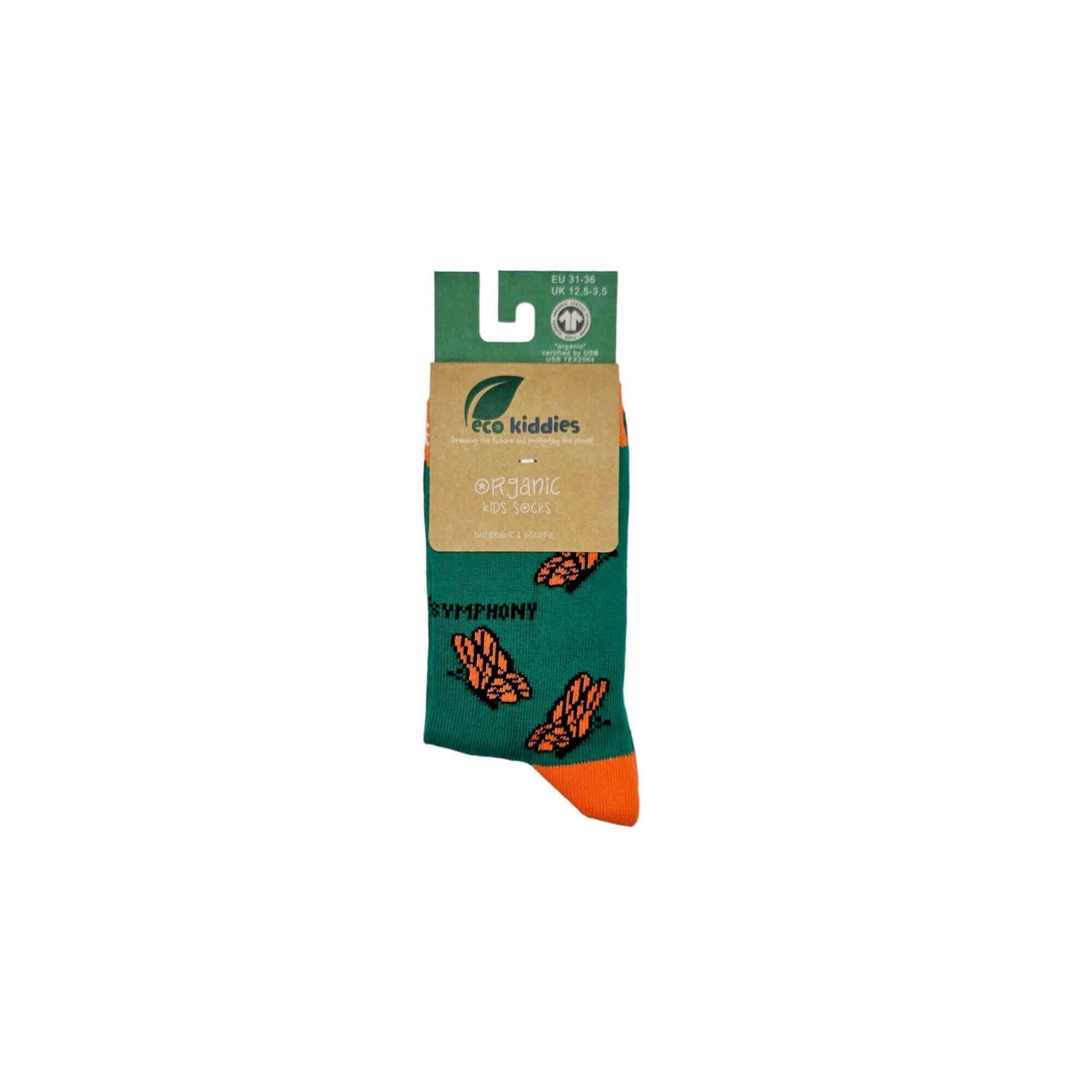 Green sock with orange accents in packaging on a white background