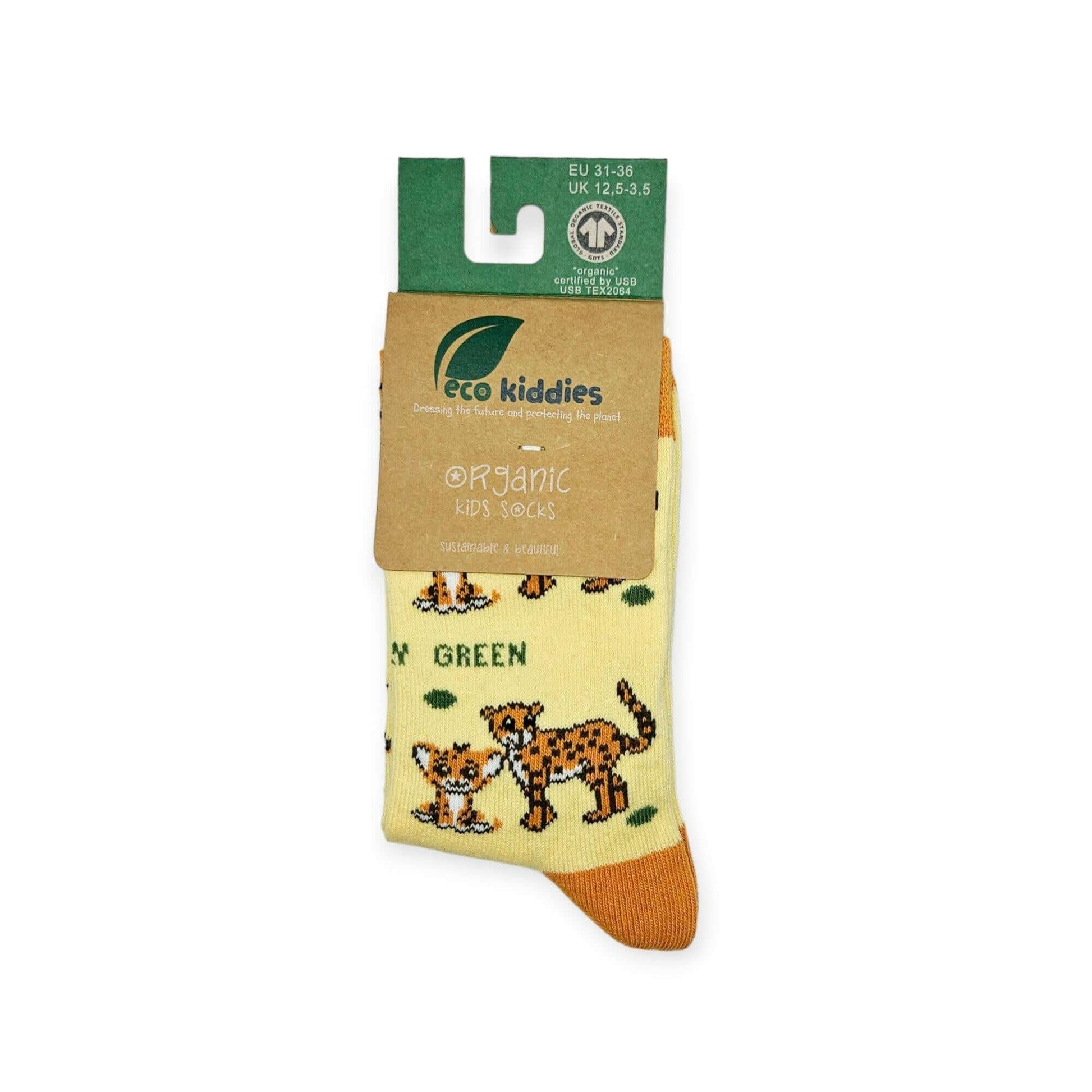 Children's socks with leopard design and 'eco kiddies' packaging on a white background
