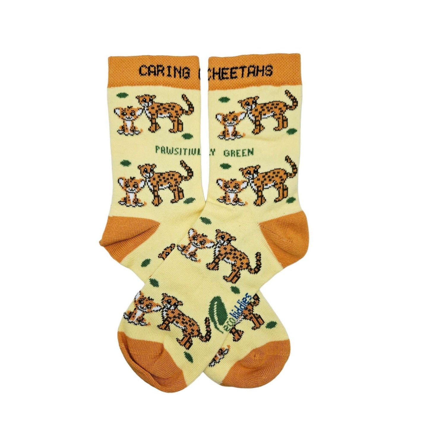 Pair of socks with cheetah design and text on a white background