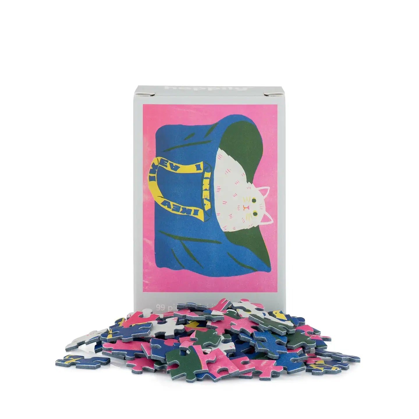 Puzzle box with a cat illustration on a pink background, surrounded by puzzle pieces.