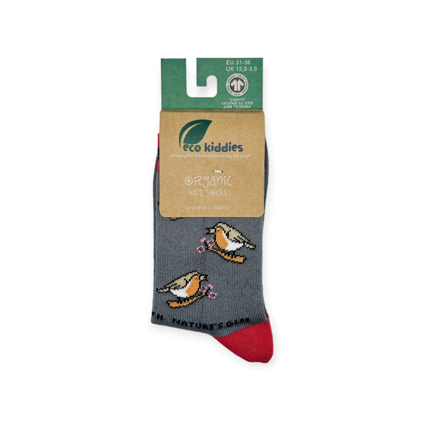 CHIRPY ROBIN ORGANIC COTTON KIDS SOCKS displayed with playful bird design in eco-friendly packaging.
