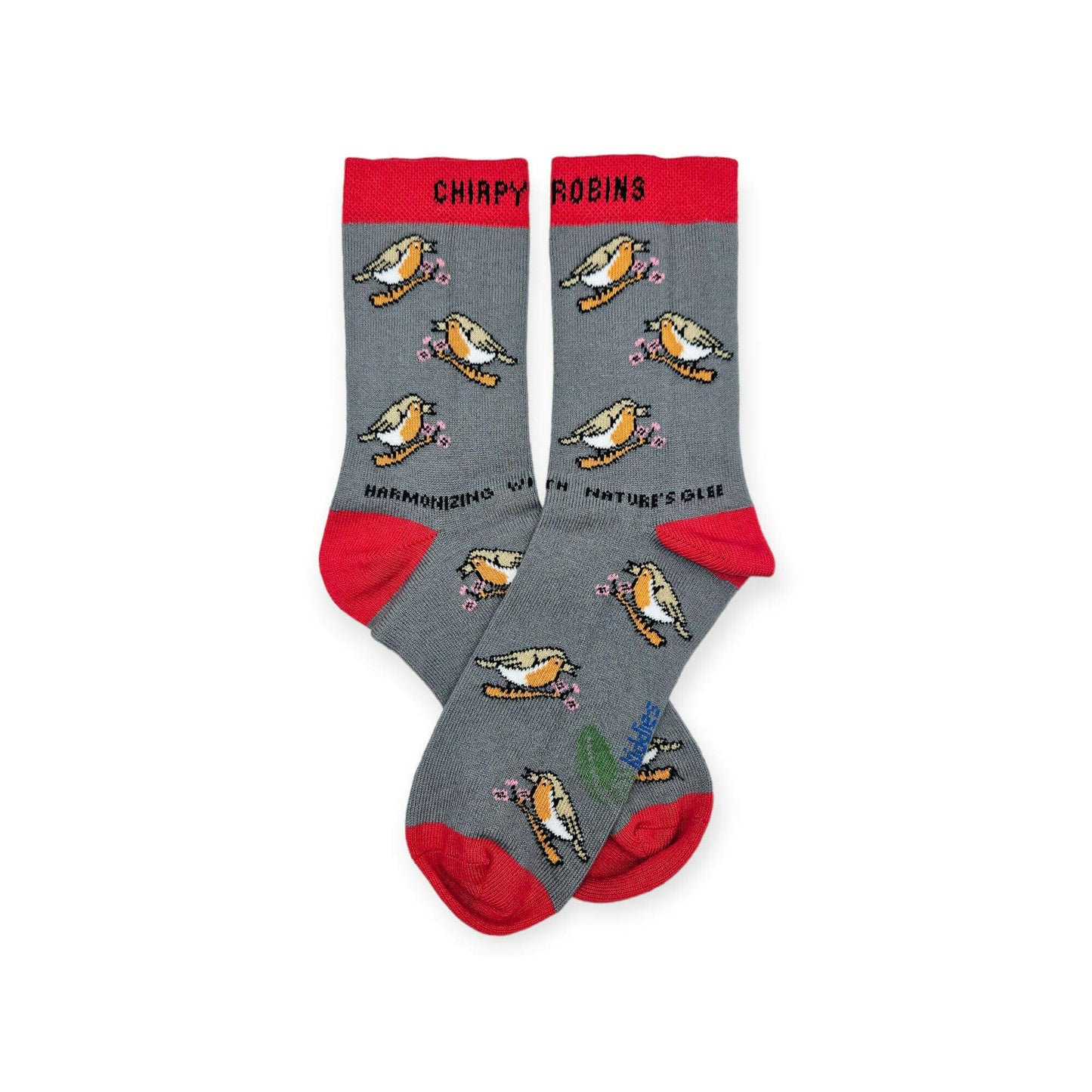 CHIRPY ROBIN ORGANIC COTTON KIDS SOCKS in grey and red featuring playful bird designs, perfect for kids in the UK.