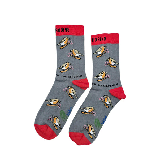CHIRPY ROBIN ORGANIC COTTON KIDS SOCKS featuring playful robin designs on grey with red accents, eco-friendly kids fashion.