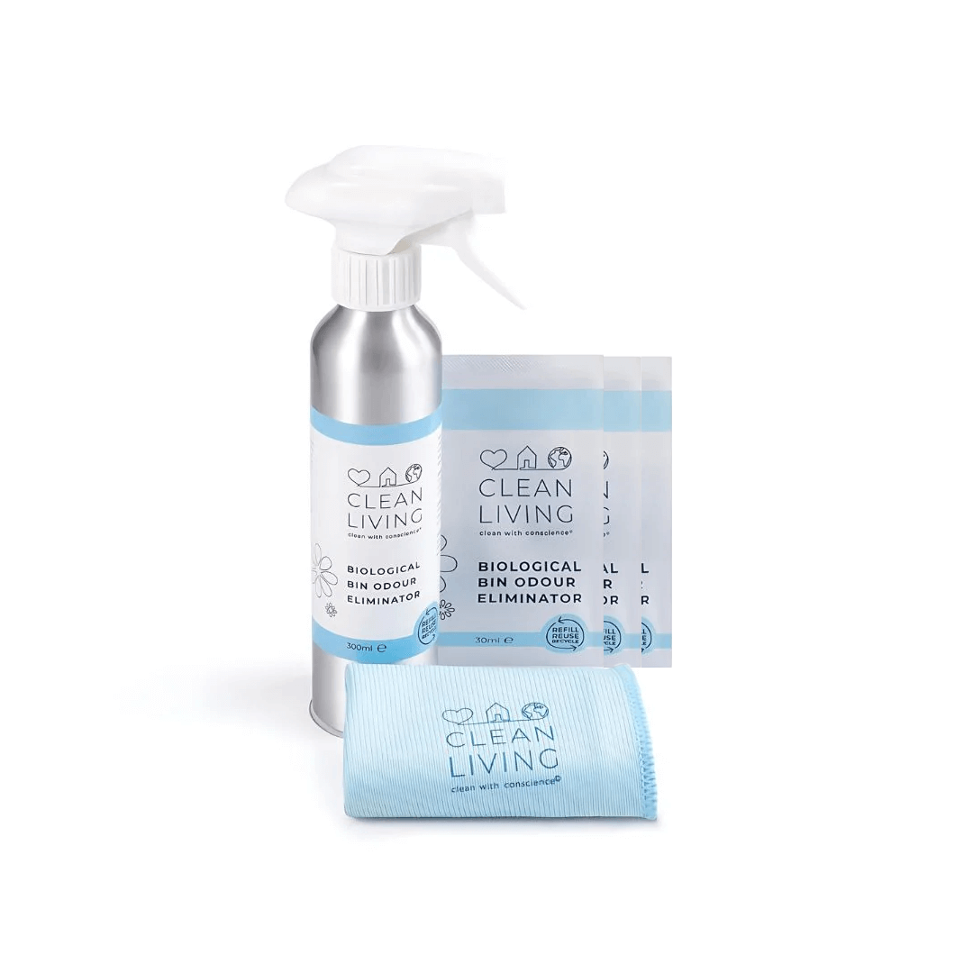 Probiotic Bin Odour Eliminator starter pack including 300ml spray, refill packets, and cleaning cloth.