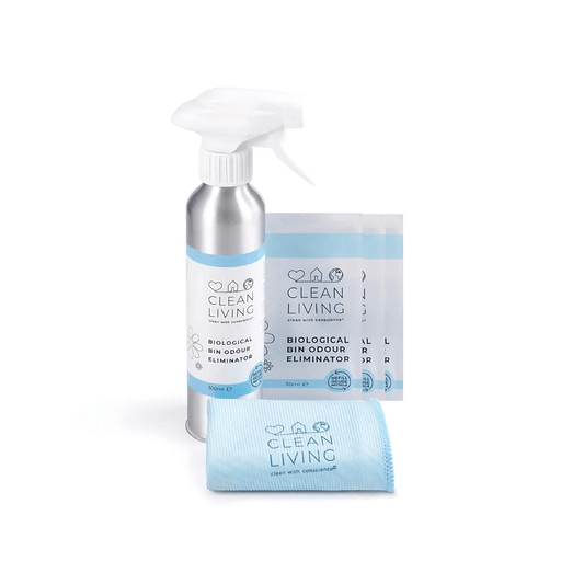 Probiotic Bin Odour Eliminator starter pack including 300ml spray, refill packets, and cleaning cloth.