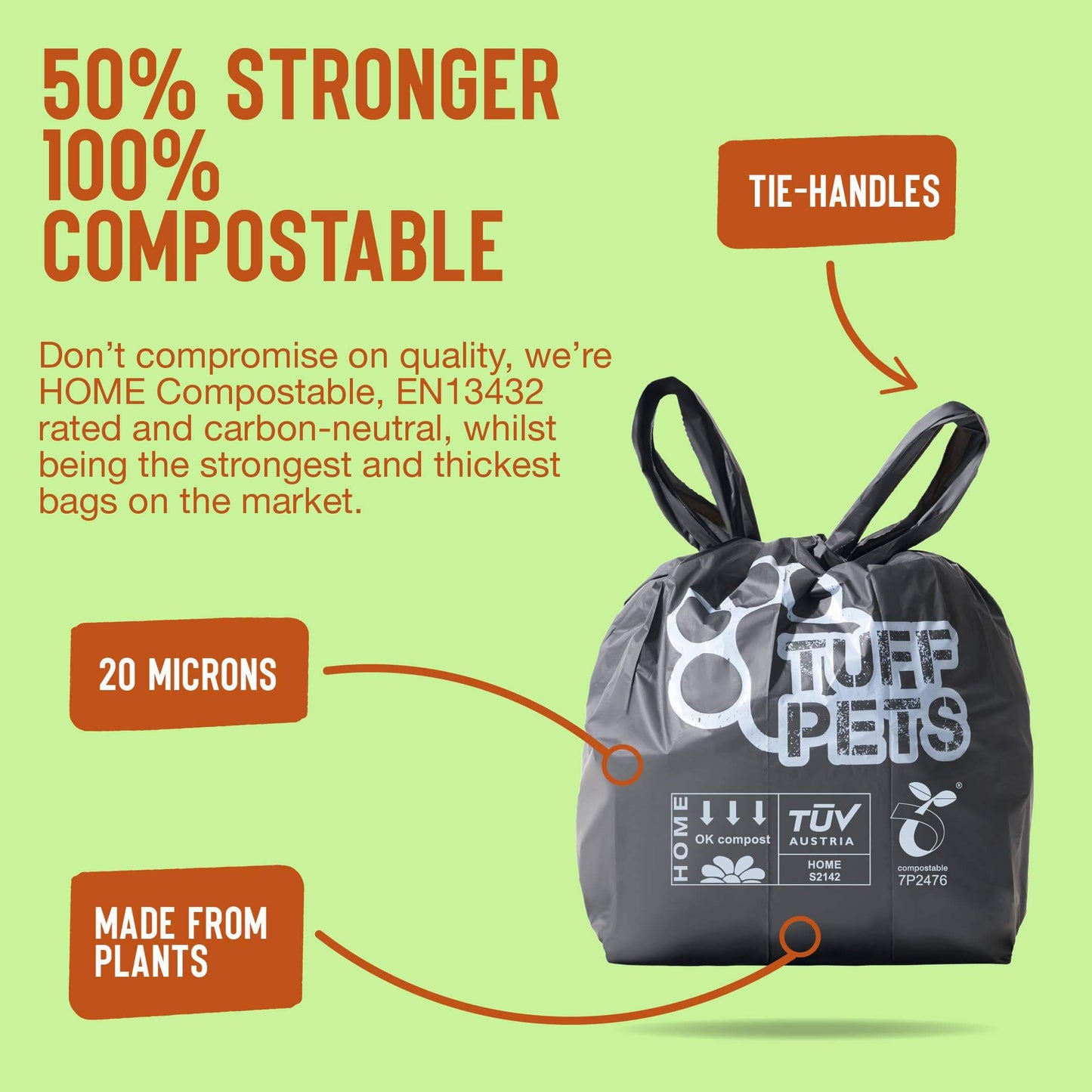 Tuff Pets compostable bag with features highlighted on a green background