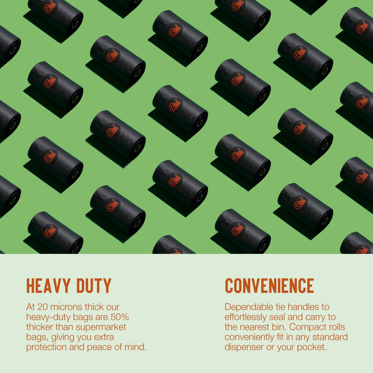 Pattern of black rolls with red hearts on a green background, with text about heavy-duty and convenience.