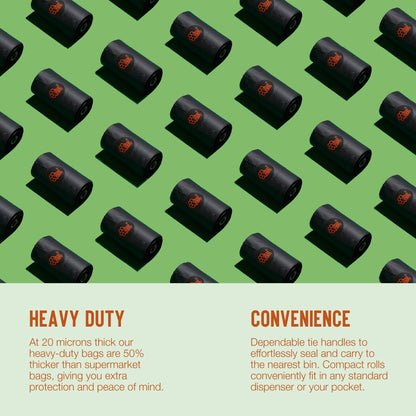 Pattern of black rolls with red hearts on a green background, with text about heavy-duty and convenience.
