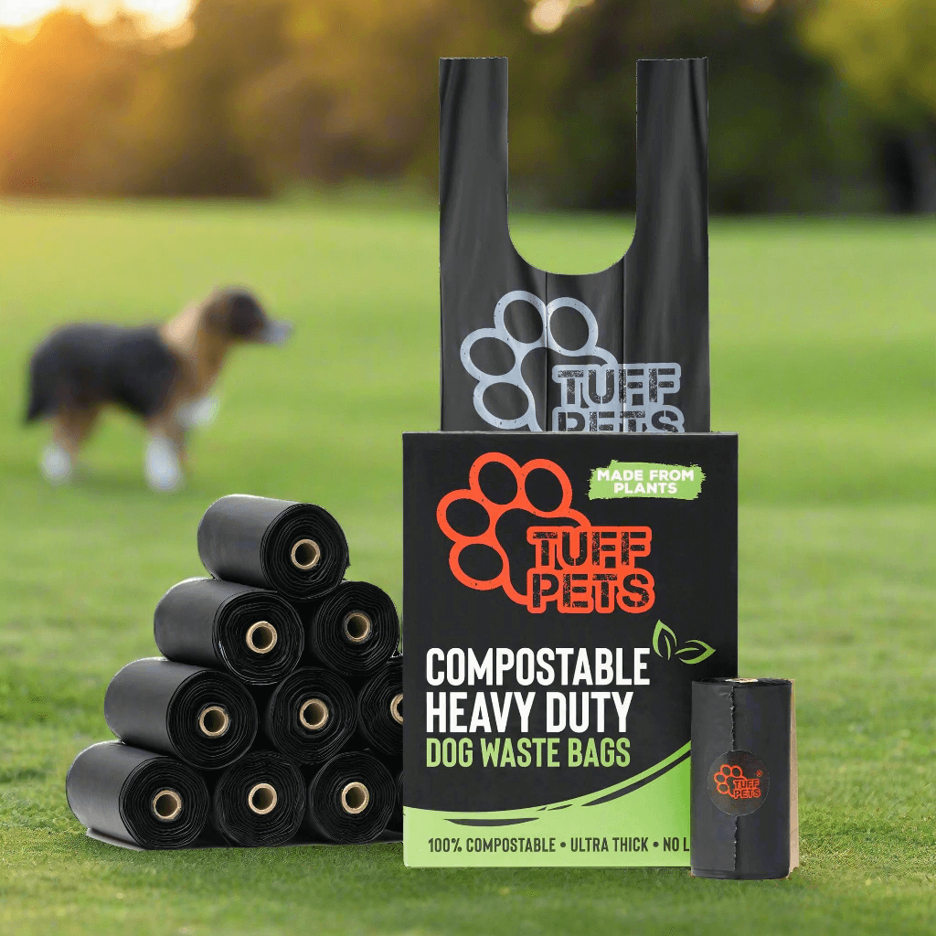 Tuff Pets compostable heavy-duty dog waste bags with packaging on a white background