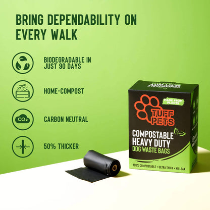 Tuff Pets compostable heavy-duty dog waste bags with green background and product packaging.