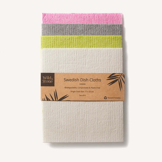 Compostable Swedish Dish Cloths - Set of 4 featuring colorful biodegradable cloths for eco-friendly cleaning.