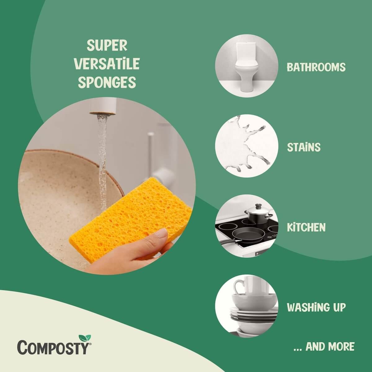 Image showcasing Jumbo ‘Pop-Up’ Eco Sponges – Large Size – 3 Pack for versatile cleaning in bathrooms, kitchens, and more.