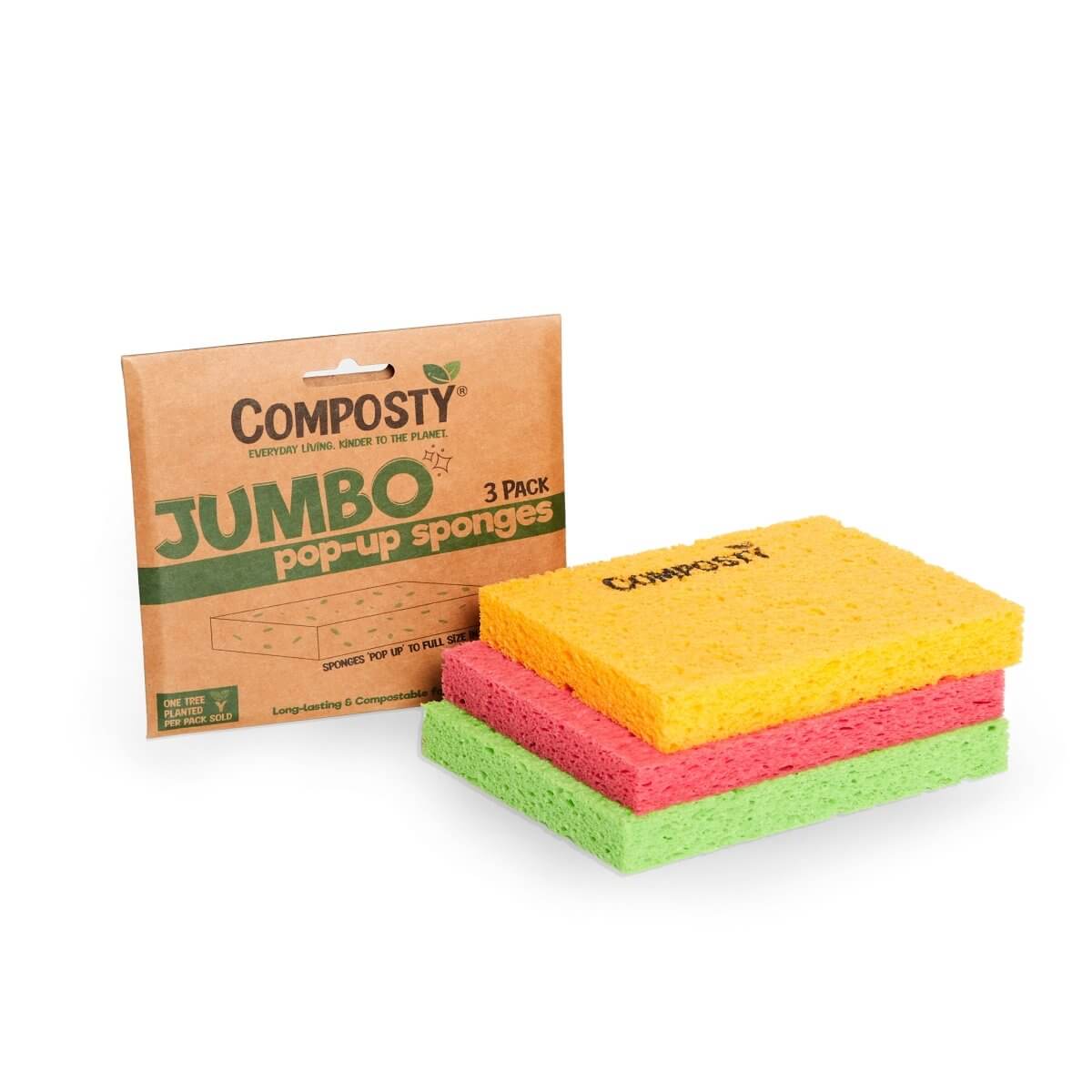 Jumbo ‘Pop-Up’ Eco Sponges – Large Size – 3 Pack by Composty, featuring vibrant colors for effective cleaning.