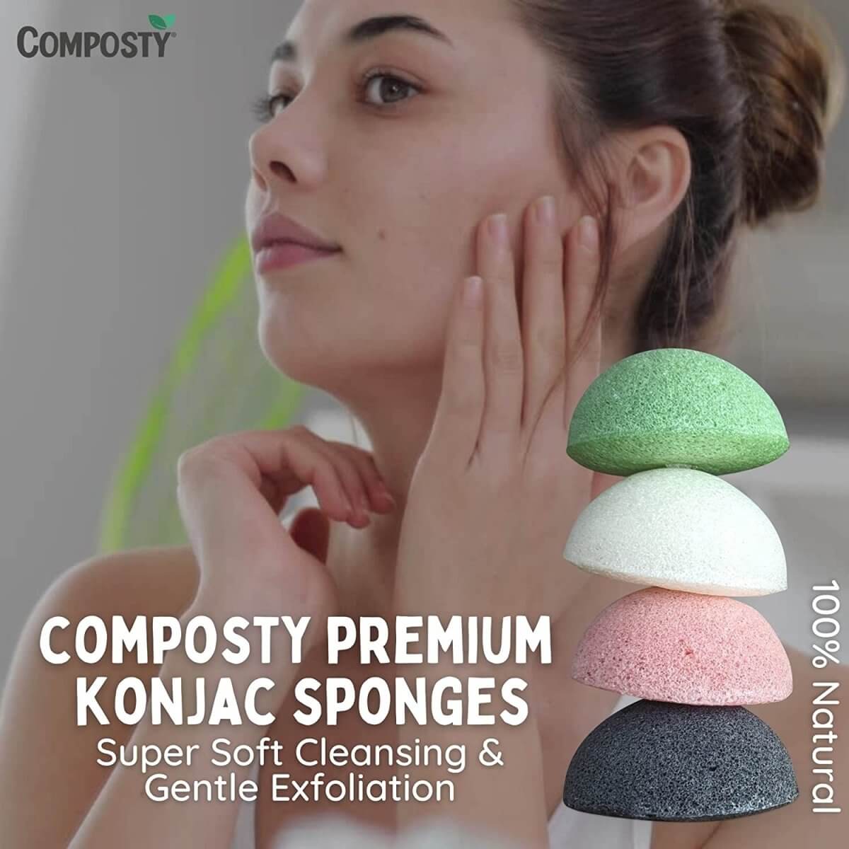 Konjac Facial Sponges – 4 Pack by Composty in use, showcasing super soft cleansing and gentle exfoliation for all skin types.