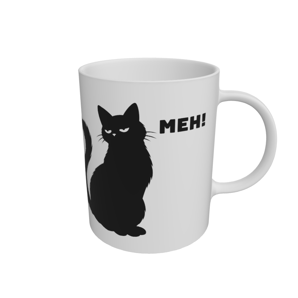 White mug with a black cat illustration and 'MEH!' text on a solid background