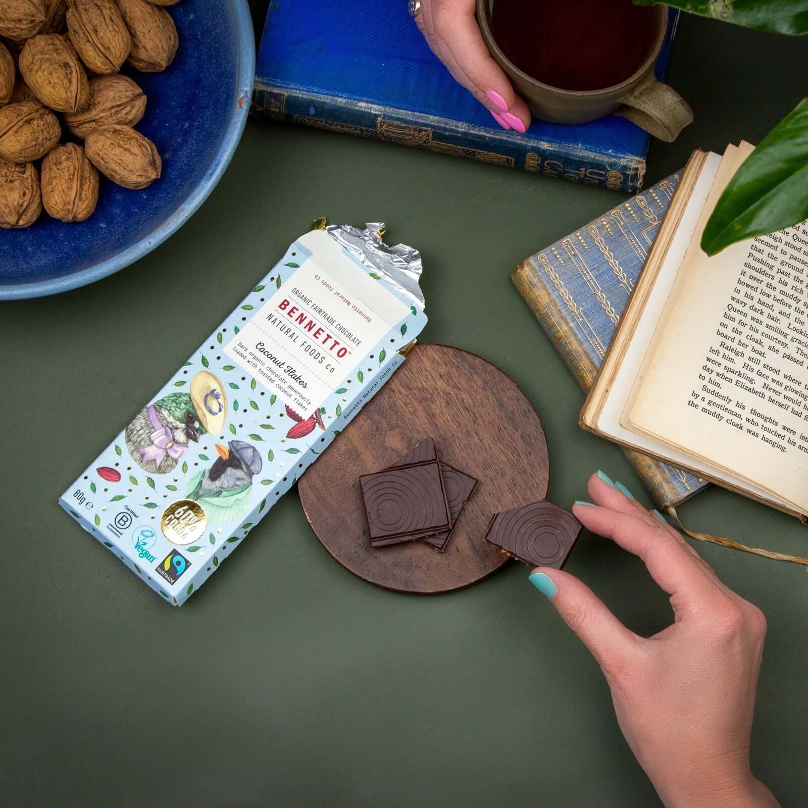 Coconut Flakes chocolate on wooden board, eco Friendly Online Shop UK, Brighton and Hove.