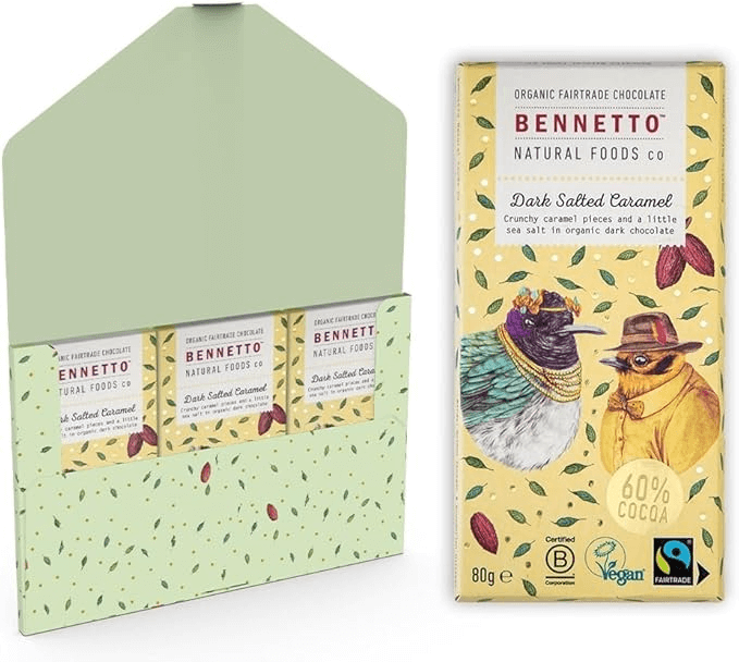 Dark Salted Caramel chocolate packaging showcasing organic Fairtrade ingredients from eco Friendly Online Shop in Brighton and Hove.