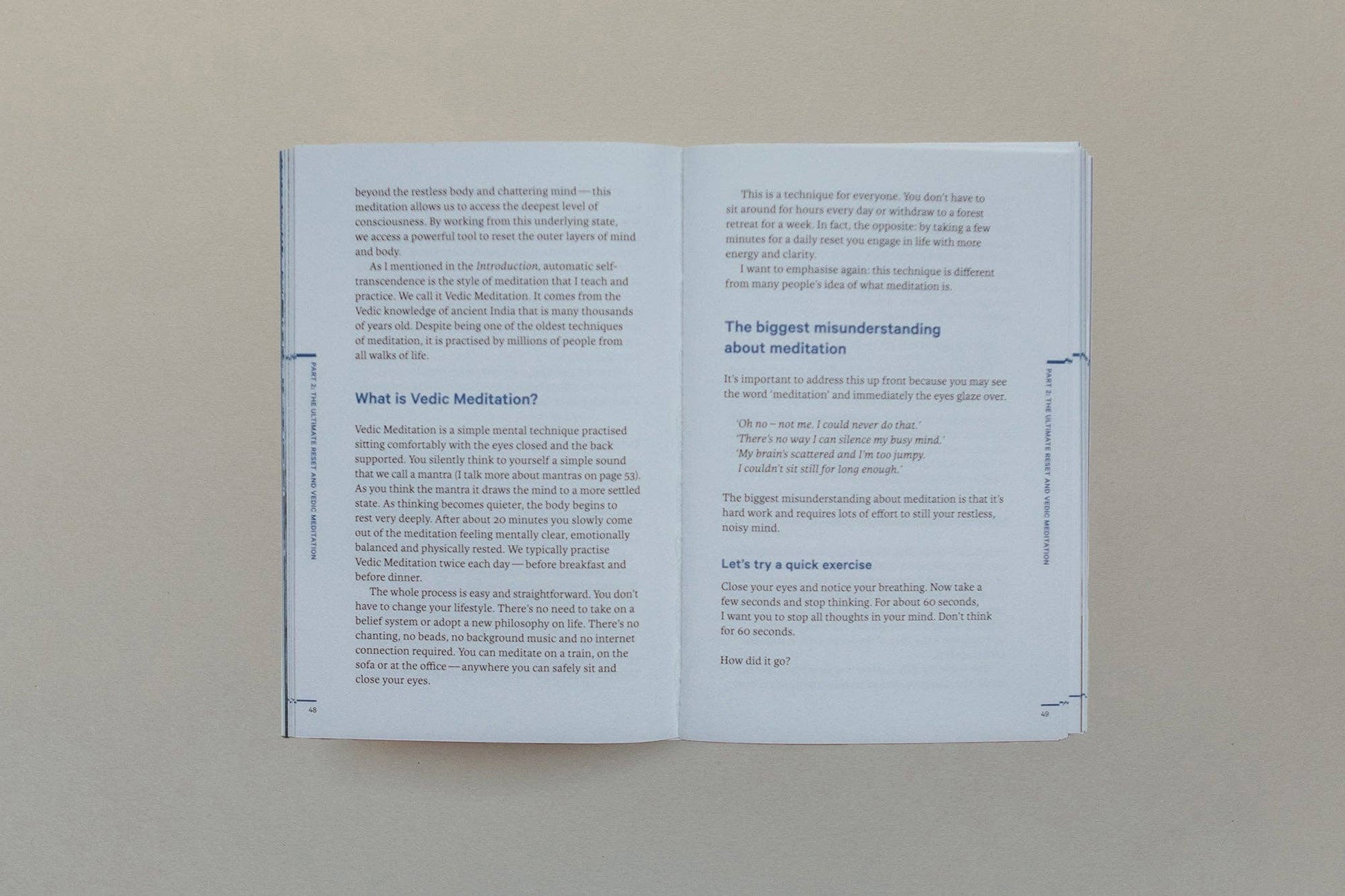 Open book pages discussing Vedic Meditation and understanding meditation concepts.