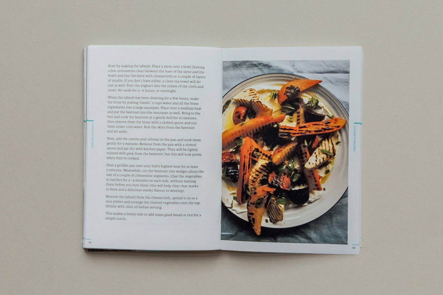 Open book showing a plate of food with text on a neutral background