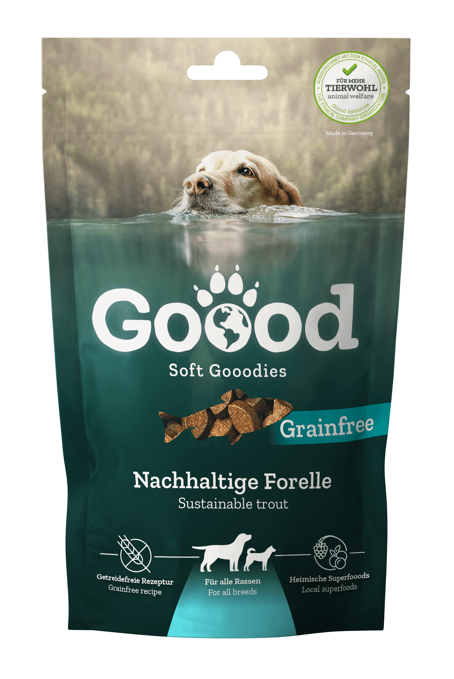 Adult Soft Gooodies - Sustainable Trout dog treats packaging with a dog in water background.