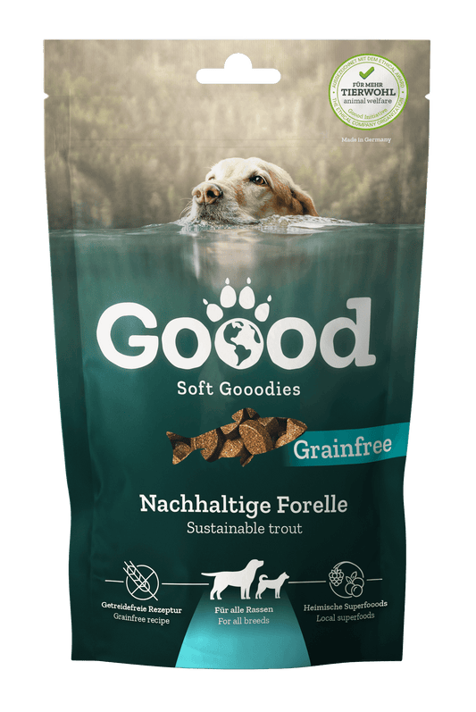 Adult Soft Gooodies - Sustainable Trout dog treats packaging with a dog in water background.