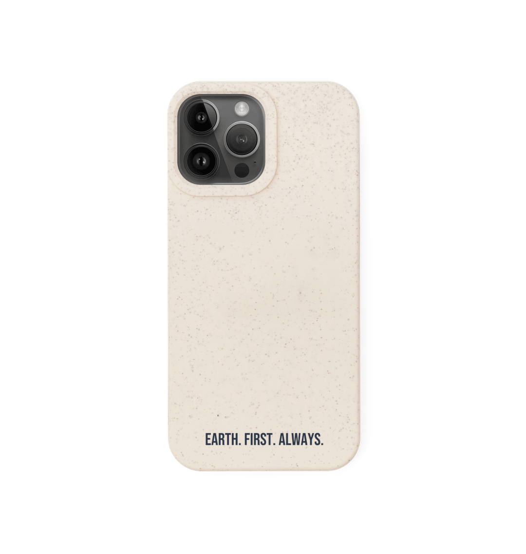 Earth. First. Always. biodegradable phone case in off-white, eco-friendly design for sustainable protection.