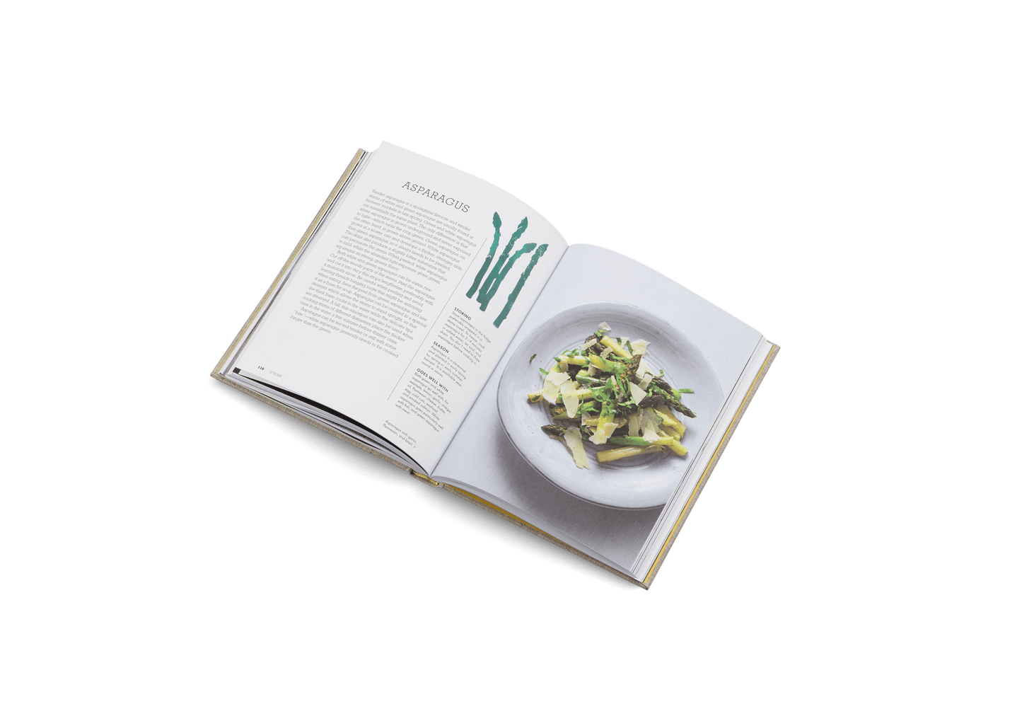 Open cookbook showing a plate of salad on a white background