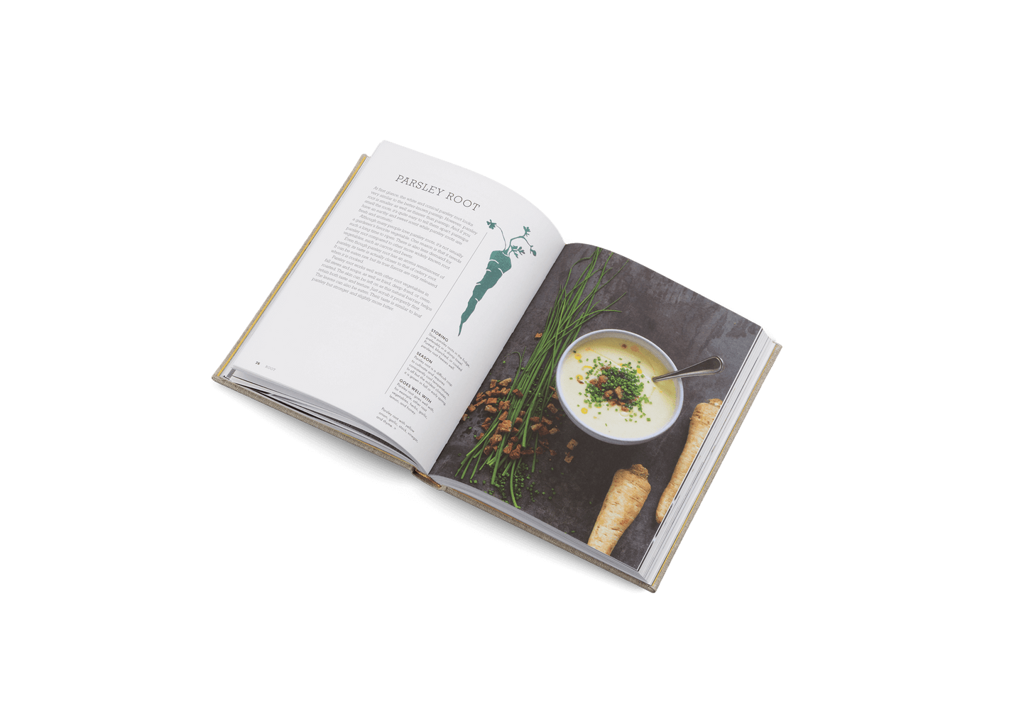Open cookbook showing a page with a photograph of a dish and text on a white background