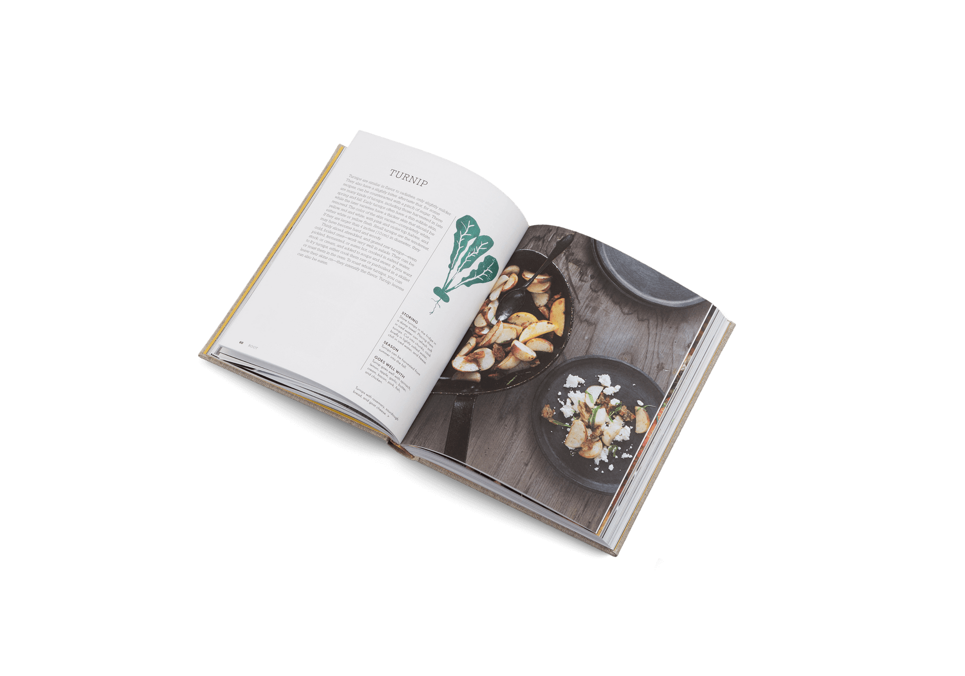 Open cookbook showing a page with food images on a white background