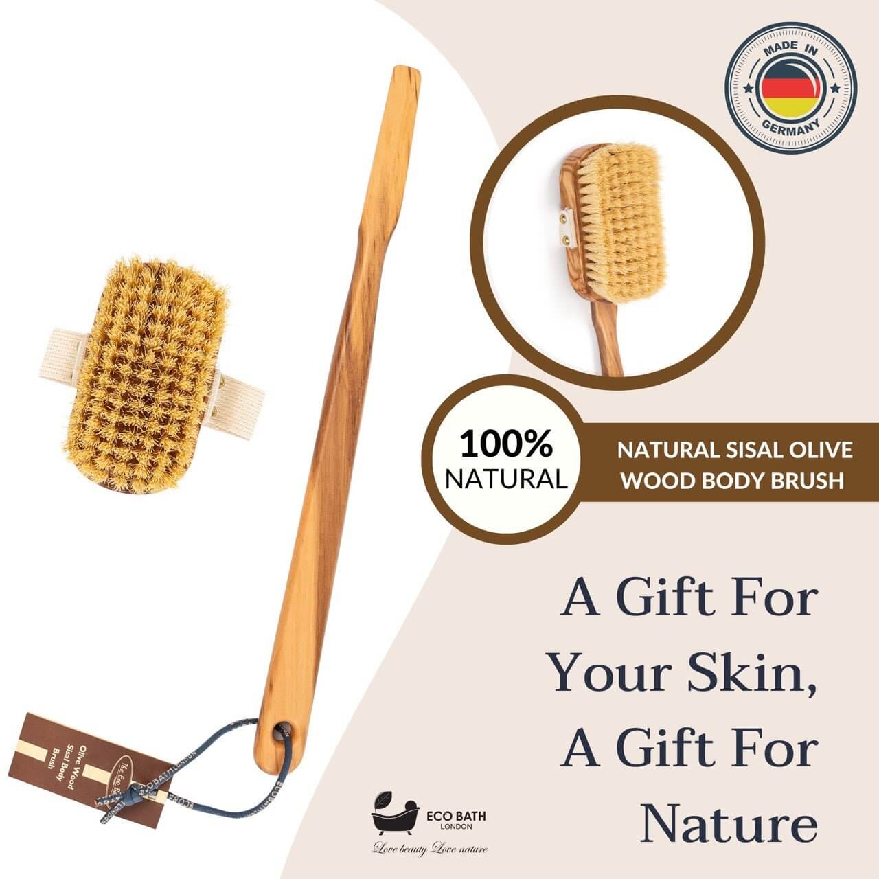 Eco Bath London Luxury Natural Sisal Olive Wood Body Brush - The Ultimate Dry Brushing Body Brush