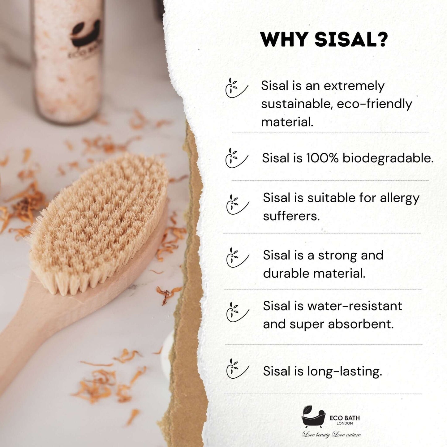 Eco Bath London Natural Hard Sisal Body Brush with Detachable Handle