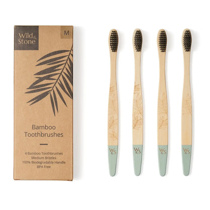 Adult bamboo toothbrush FSC 100% 4-pack with medium bristles from Eco-Friendly-Online-Shop, offering a sustainable, plastic-free option for everyday oral care.
