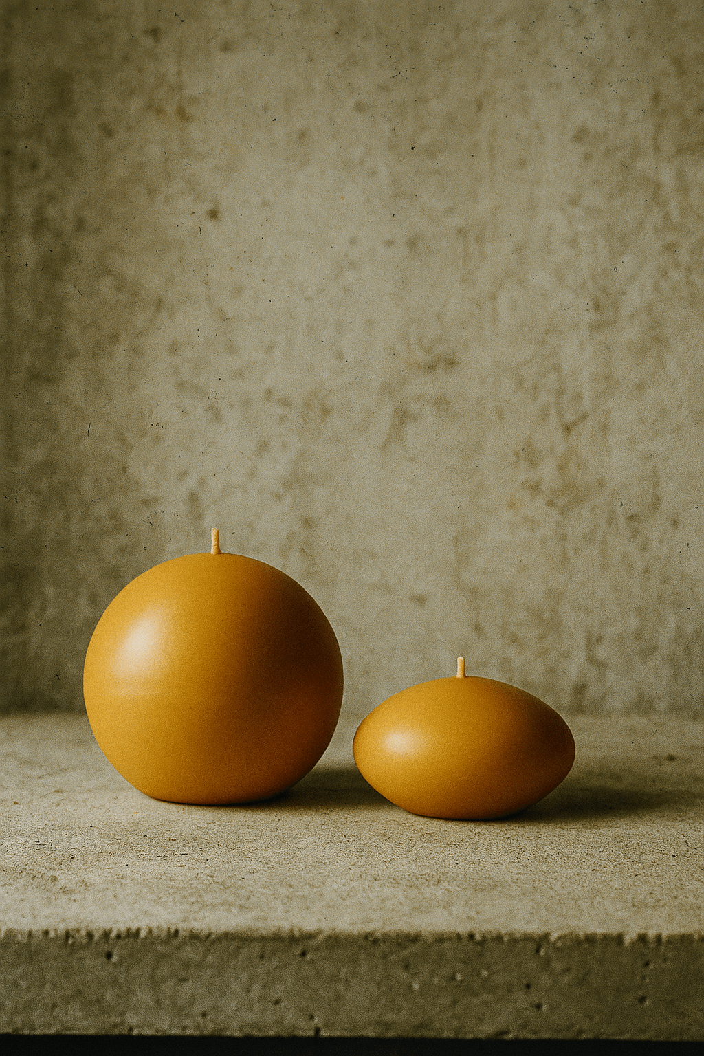 Ball & Ellipse set of 2 ball shaped candles made from beeswax on a textured surface.