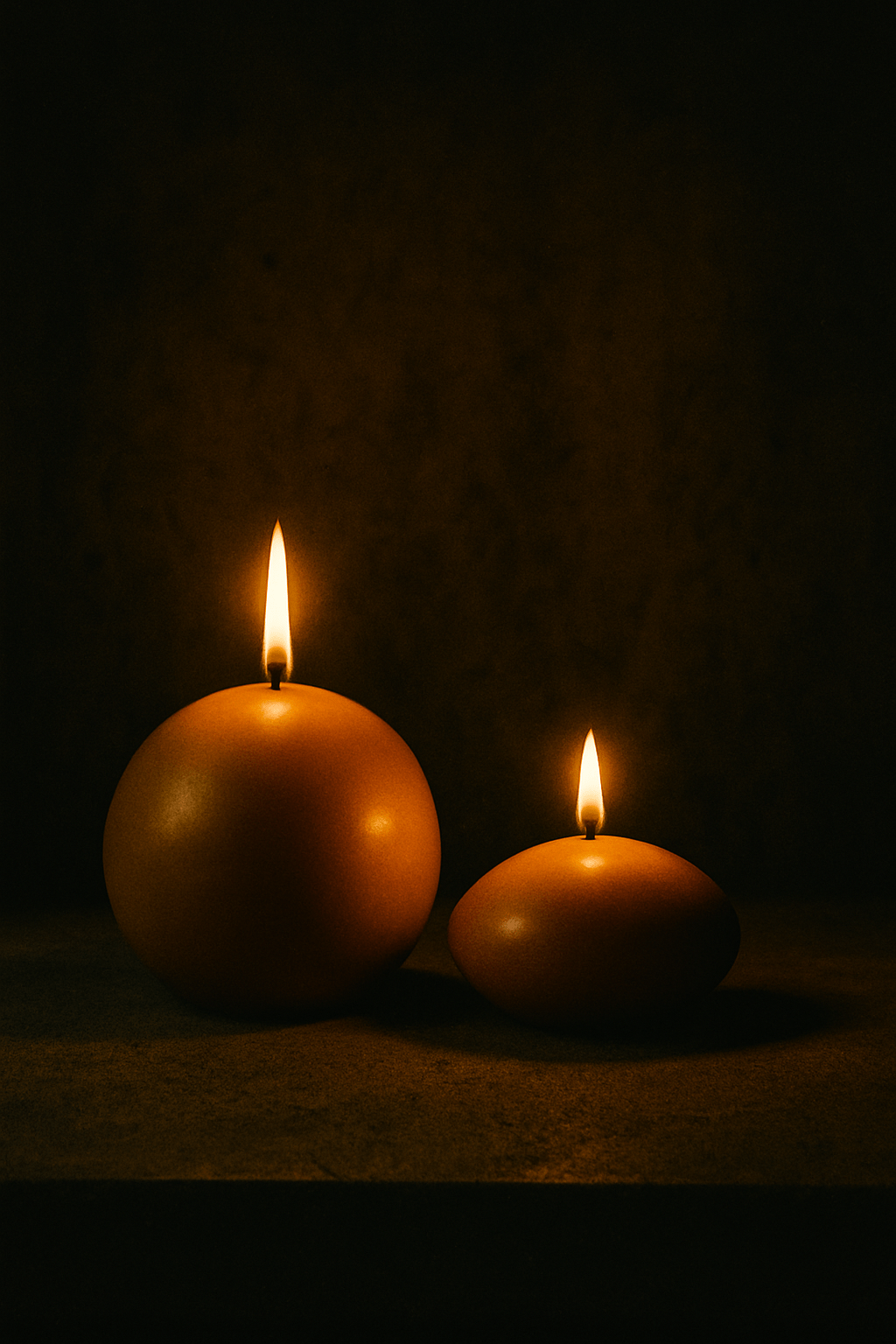Ball & Ellipse - two ball shaped beeswax candles burning, one large and one small, on a dark background.