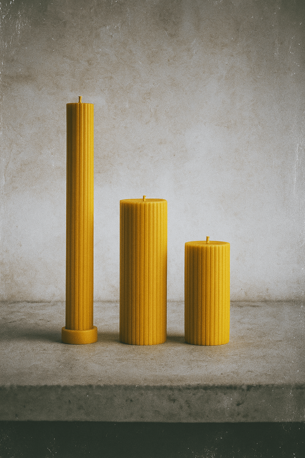 Set of 3 cylinders made from pure beeswax, showcasing different heights and a beautiful yellow color.