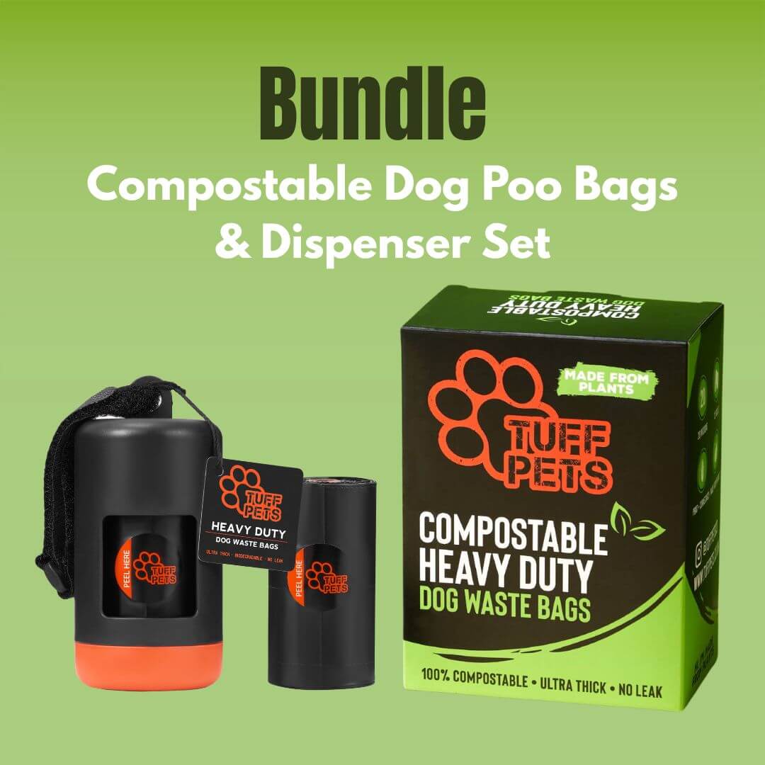 Tuff Pets compostable dog waste bags and dispenser set on a green background