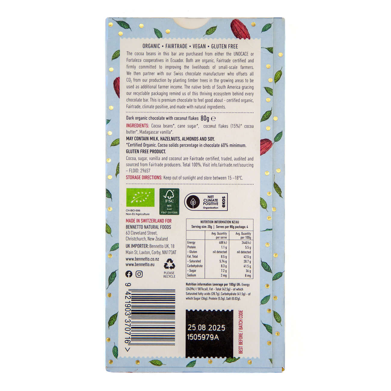 Back of Coconut Flakes chocolate packaging, organic, Fairtrade, vegan, gluten-free from Brighton and Hove eco Friendly Online Shop.