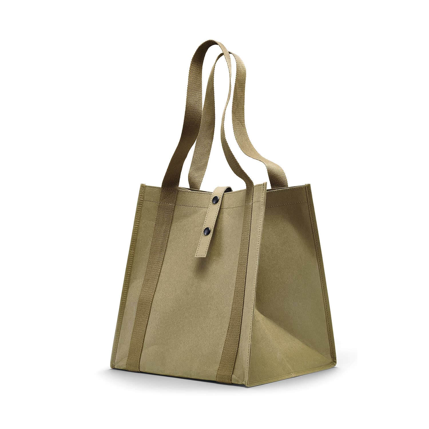Beige tote bag with brown handles on a white background