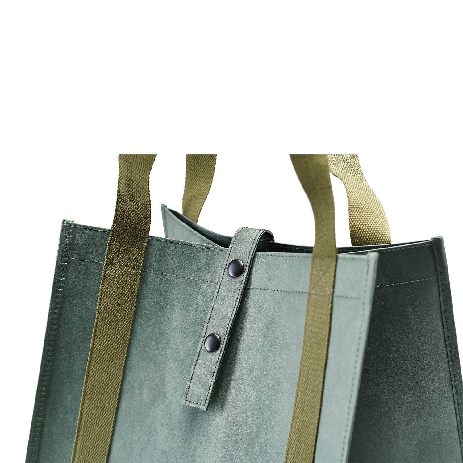Green tote bag with brown straps on a white background